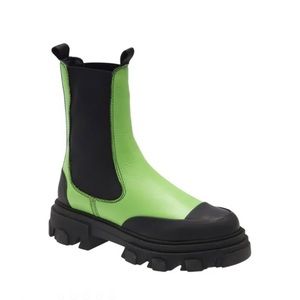 GANNI mid length chunky leather Chelsea boots in green EU 41 US 11 NWOB lug sole